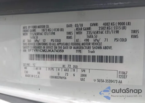 2018 Ford Transit-250 из США, поврежденный, VIN 1FTYR1CM2JKA74359